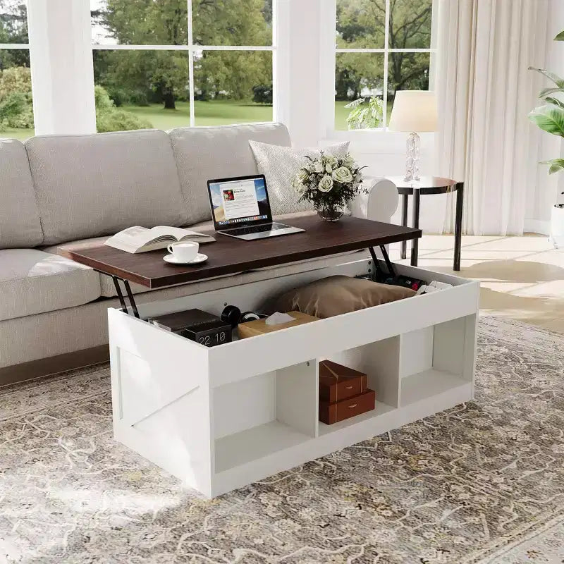 Table basse COZONY pour salon avec plateau relevable et rangement, design industriel carré avec décor en X, durable et élégante, blanche