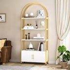 4 Tier Arched Bookshelf with Doors, 71.5 Inch Tall Industrial Metal Frame, Gold Open Curved Bookcase for Living Room Office