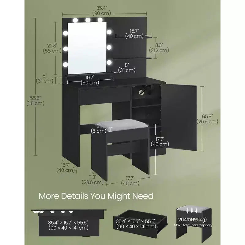 VASAGLE Coiffeuse avec miroir et lumières, meuble maquillage de 90 cm de large avec ou sans tabouret de coiffeuse rembourré, prises de courant, tiroir de rangement, noir encre