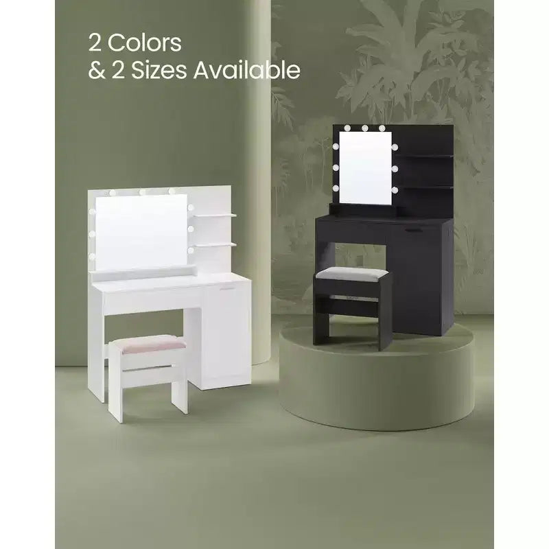 VASAGLE Coiffeuse avec miroir et lumières, meuble maquillage de 90 cm de large avec ou sans tabouret de coiffeuse rembourré, prises de courant, tiroir de rangement, noir encre