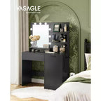 VASAGLE Coiffeuse avec miroir et lumières, meuble maquillage de 90 cm de large avec ou sans tabouret de coiffeuse rembourré, prises de courant, tiroir de rangement, noir encre