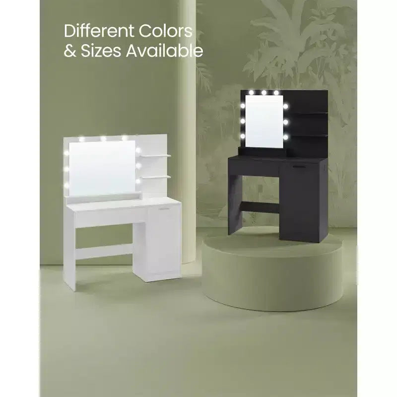 VASAGLE Coiffeuse avec miroir et lumières, meuble maquillage de 90 cm de large avec ou sans tabouret de coiffeuse rembourré, prises de courant, tiroir de rangement, noir encre