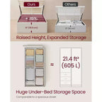 Cadre de lit relevable double avec rangement, lit plateforme avec tête de lit capitonnée, capacité de 250 kg et rangement sous le lit