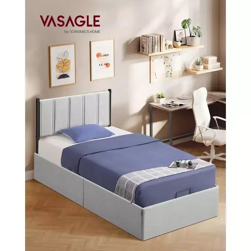 Cadre de lit relevable double avec rangement, lit plateforme avec tête de lit capitonnée, capacité de 250 kg et rangement sous le lit