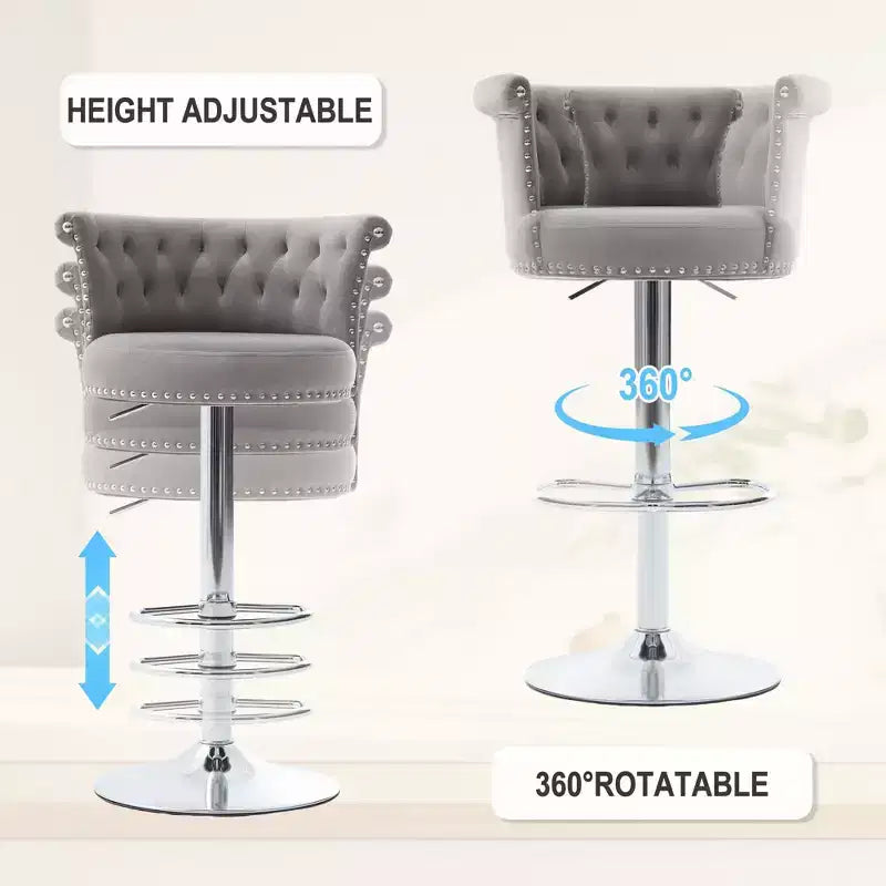 Lot de 2 tabourets de bar en velours Okak, tabourets de bar pivotants réglables avec pied en métal plaqué argent, clous chromés, chaises de hauteur comptoir pour cuisine