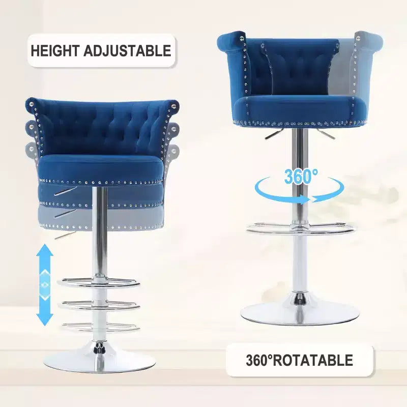 Lot de 2 tabourets de bar en velours Okak, tabourets de bar pivotants réglables avec pied en métal plaqué argent, clous chromés, chaises de hauteur comptoir pour cuisine