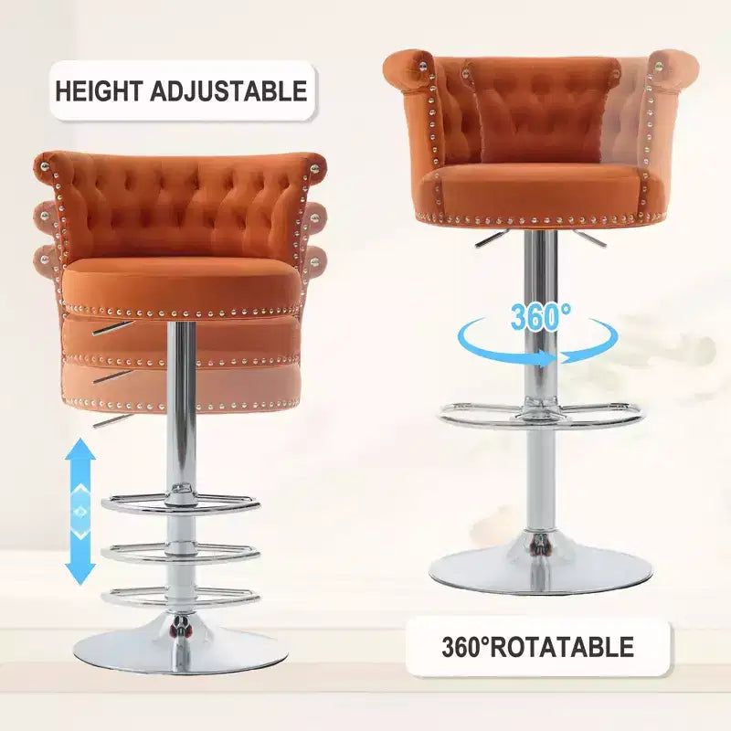 Lot de 2 tabourets de bar en velours Okak, tabourets de bar pivotants réglables avec pied en métal plaqué argent, clous chromés, chaises de hauteur comptoir pour cuisine