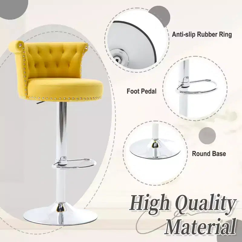 Lot de 2 tabourets de bar en velours Okak, tabourets de bar pivotants réglables avec pied en métal plaqué argent, clous chromés, chaises de hauteur comptoir pour cuisine