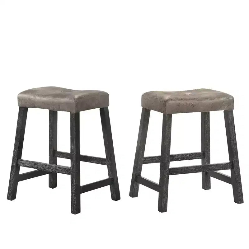 Lot de 2 tabourets de comptoir Okak 25 pouces, tabourets de bar rustiques sans dossier avec assise en cuir et finition vieillie, sièges de ferme peu encombrants