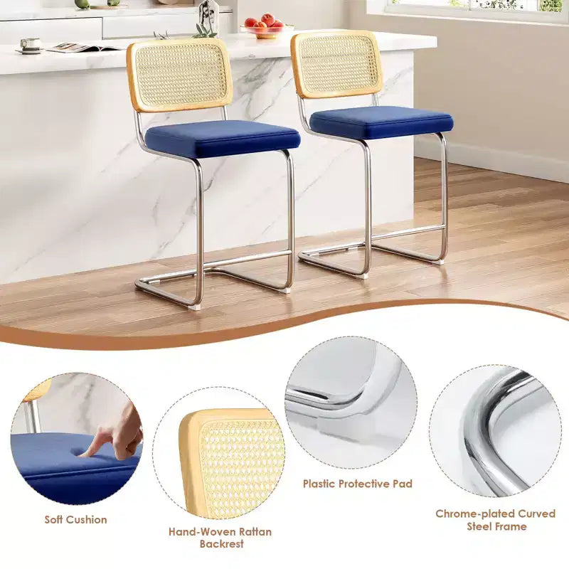 Okak Lot de 2 tabourets de comptoir de 61 cm, tabourets de bar rembourrés en cuir PU avec dossier en rotin naturel, chaises de bar modernes sans accoudoirs pour îlot de cuisine