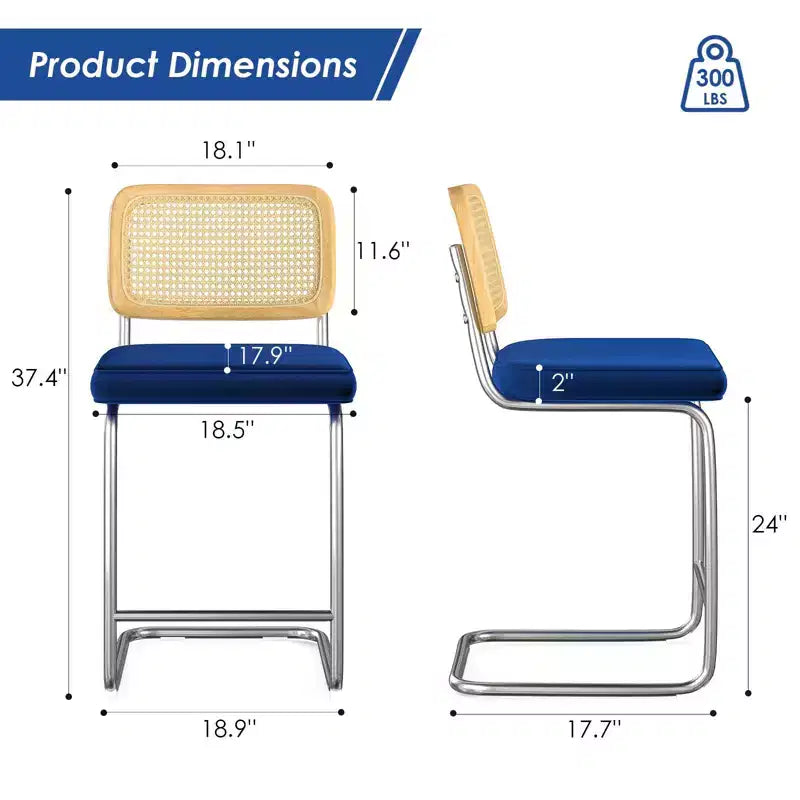 Okak Lot de 2 tabourets de comptoir de 61 cm, tabourets de bar rembourrés en cuir PU avec dossier en rotin naturel, chaises de bar modernes sans accoudoirs pour îlot de cuisine