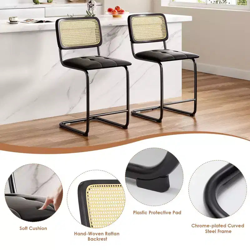 Okak Lot de 2 tabourets de comptoir de 61 cm, tabourets de bar rembourrés en cuir PU avec dossier en rotin naturel, chaises de bar modernes sans accoudoirs pour îlot de cuisine