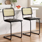 Okak 24 Inch Counter Stools Set of 2, Upholstered PU Leather Barstools with Natural Rattan Back, Modern Armless Bar Chairs for Kitchen Island