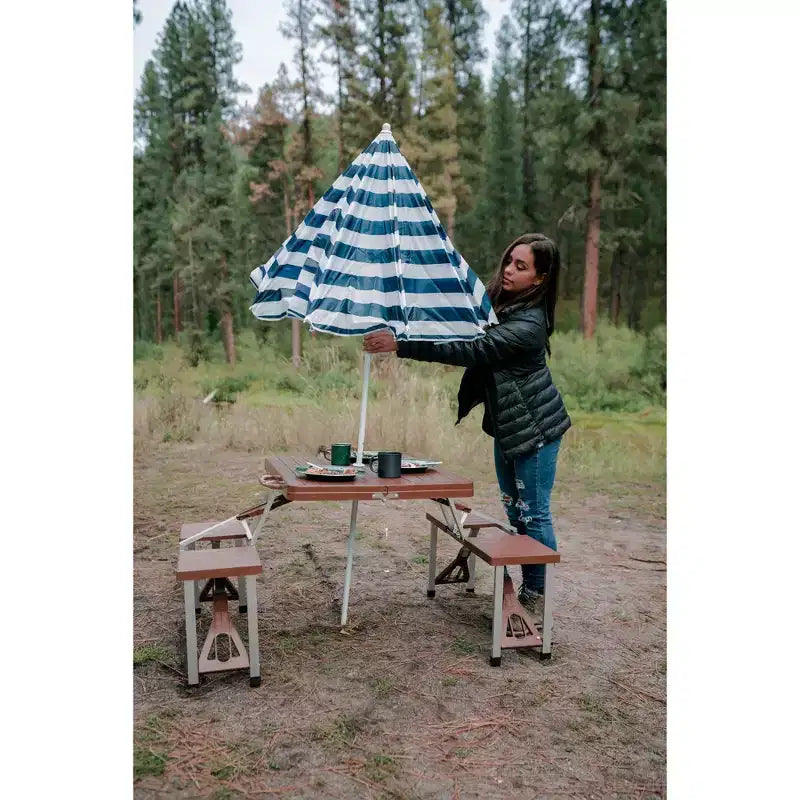 Stansport Table de pique-nique et parasol motif bois