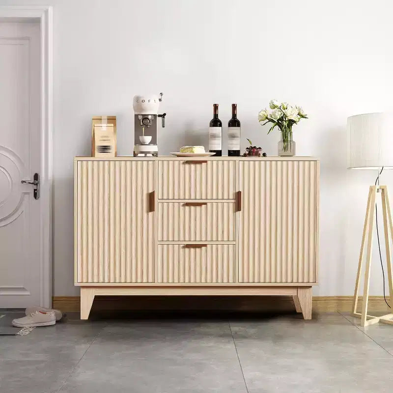 Buffet bahut cannelé avec rangement, meuble de rangement de cuisine avec 2 portes et 3 tiroirs, table de buffet en bois pour salle à manger et salon
