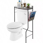 Étagère autonome de salle de bain en métal noir à placer au-dessus des toilettes, avec motifs volutes vintage et panier à magazines