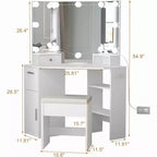 1 ENSEMBLE Coiffeuse d'angle 15MM PB avec table de maquillage et tabouret, 12 ampoules lumineuses auto-adhésives à trois niveaux, miroir en aluminium 3mm à trois côtés