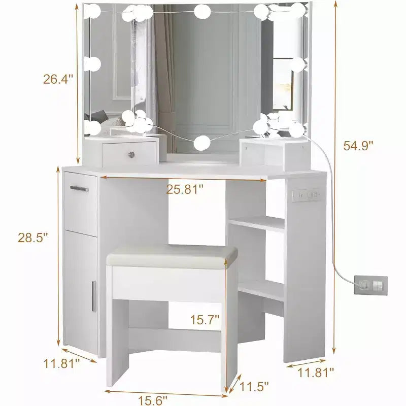 1 ENSEMBLE Coiffeuse d'angle 15MM PB avec table de maquillage et tabouret, 12 ampoules lumineuses auto-adhésives à trois niveaux, miroir en aluminium 3mm à trois côtés