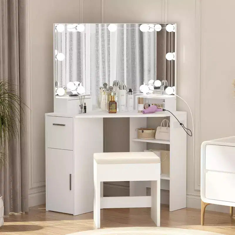 1 ENSEMBLE Coiffeuse d'angle 15MM PB avec table de maquillage et tabouret, 12 ampoules lumineuses auto-adhésives à trois niveaux, miroir en aluminium 3mm à trois côtés