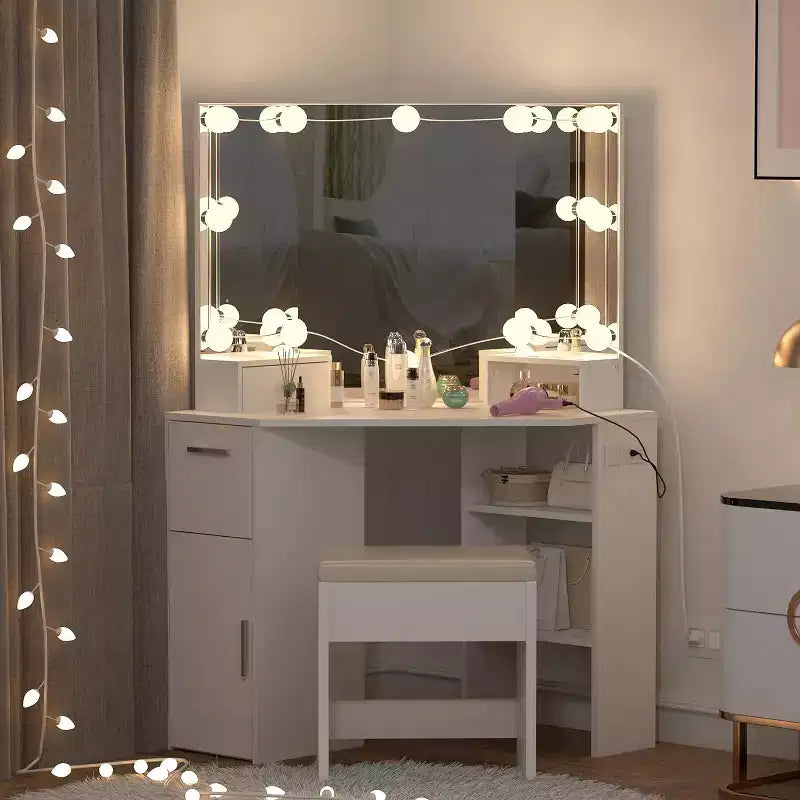1 ENSEMBLE Coiffeuse d'angle 15MM PB avec table de maquillage et tabouret, 12 ampoules lumineuses auto-adhésives à trois niveaux, miroir en aluminium 3mm à trois côtés