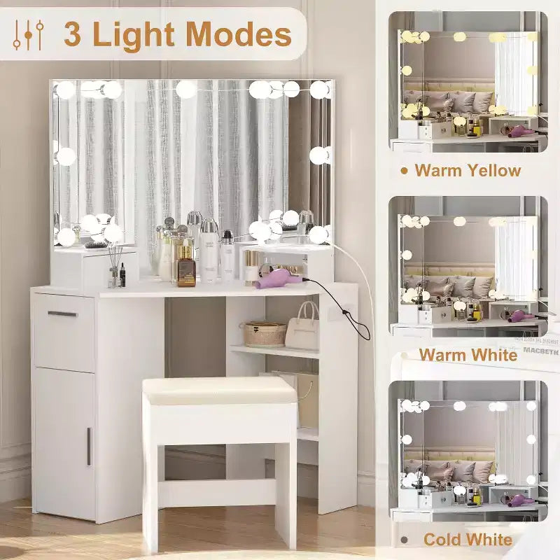 1 ENSEMBLE Coiffeuse d'angle 15MM PB avec table de maquillage et tabouret, 12 ampoules lumineuses auto-adhésives à trois niveaux, miroir en aluminium 3mm à trois côtés