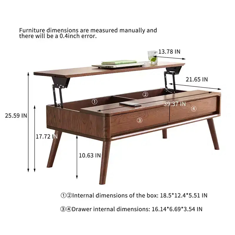 GDFStudio Michael Bureau en bois massif, table basse relevable avec deux tiroirs et compartiment caché
