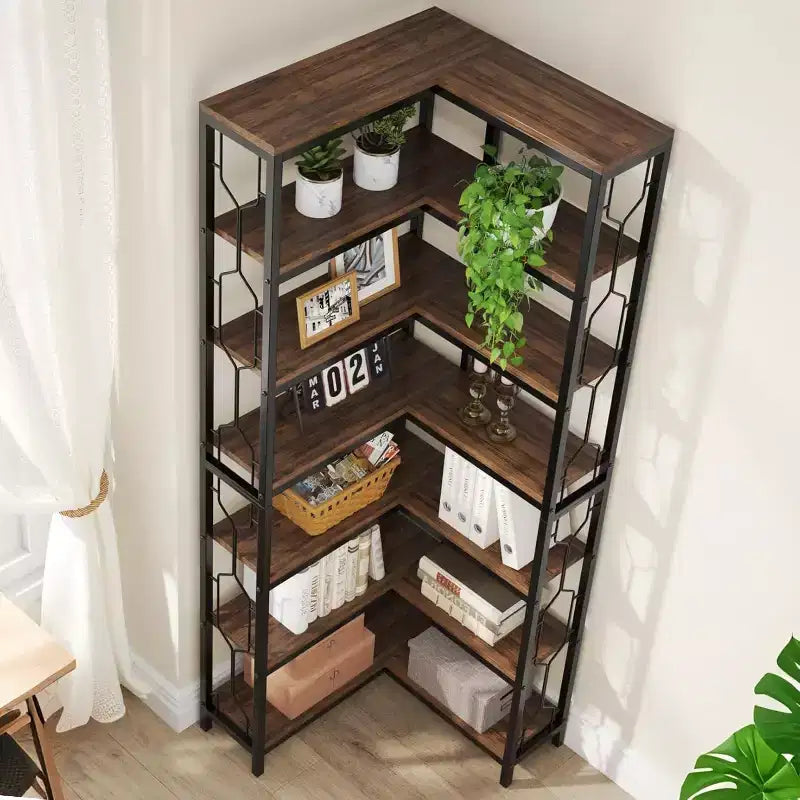 Lantine Étagère d'angle à 7 niveaux, bibliothèque haute de 199,9 cm avec rangement, étagère d'angle, étagère de présentation pour salon, chambre, bureau à domicile (marron)