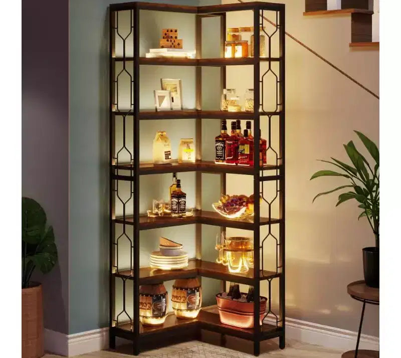 Lantine Étagère d'angle à 7 niveaux, bibliothèque haute de 199,9 cm avec rangement, étagère d'angle, étagère de présentation pour salon, chambre, bureau à domicile (marron)