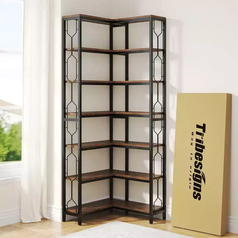 Lantine Étagère d'angle à 7 niveaux, bibliothèque haute de 199,9 cm avec rangement, étagère d'angle, étagère de présentation pour salon, chambre, bureau à domicile (marron)