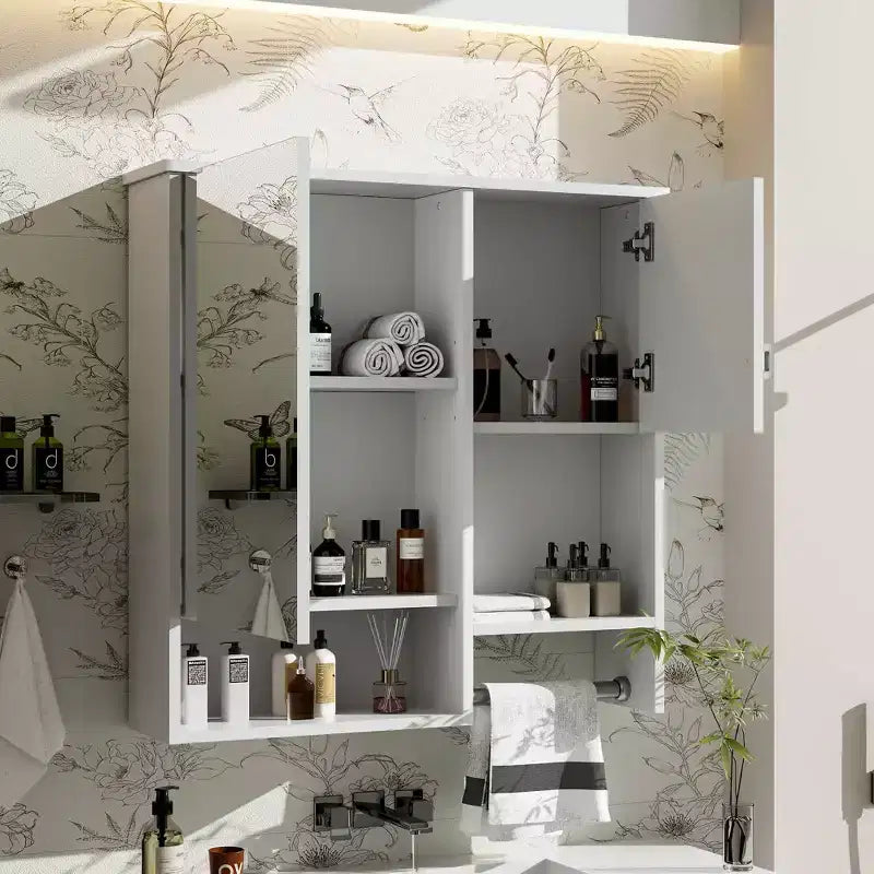 MAYEERTY 40 Armoire à pharmacie avec miroir, Meuble de rangement de salle de bain avec porte miroir, étagères, porte vitrée pour salle de bain Blanc