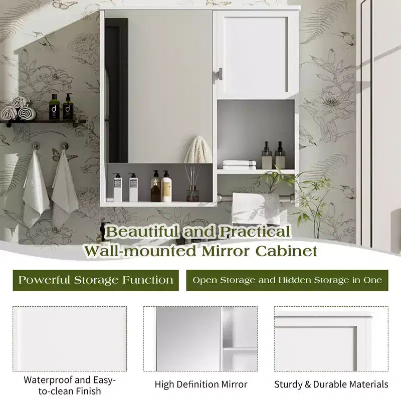 MAYEERTY 40 Armoire à pharmacie avec miroir, Meuble de rangement de salle de bain avec porte miroir, étagères, porte vitrée pour salle de bain Blanc