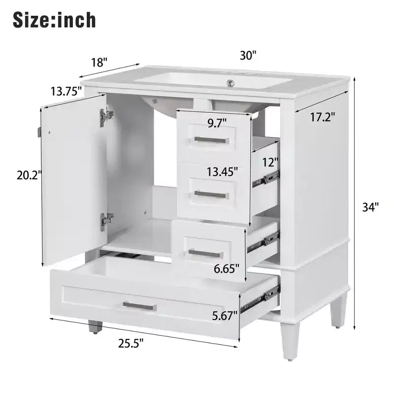 Meuble-lavabo de salle de bain de 76 cm avec lavabo encastré en céramique, meuble de rangement de salle de bain moderne avec 3 tiroirs et 1 porte à fermeture douce, assemblage rapide