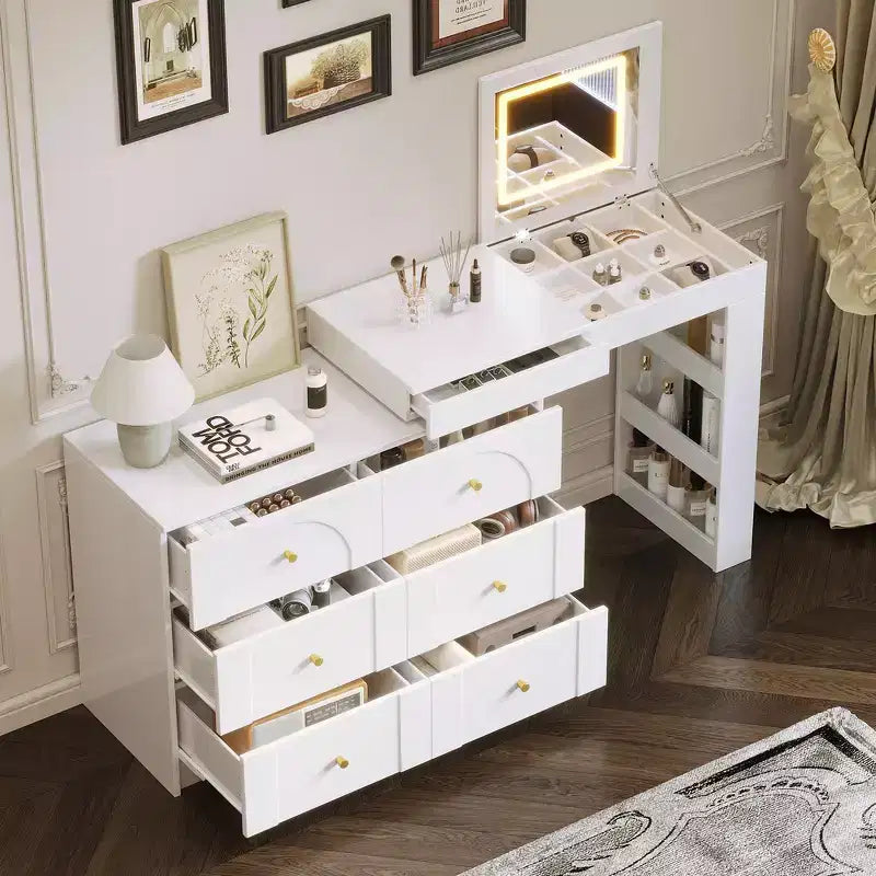 Coiffeuse convertible Whisen avec miroir rabattable, 6 tiroirs, 9 compartiments et disposition en L ou droite