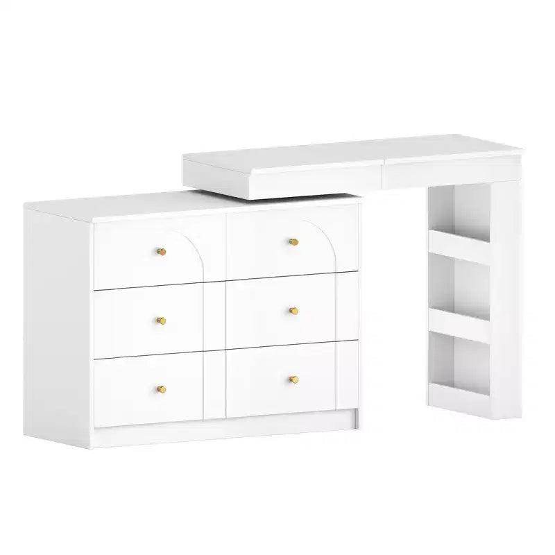Coiffeuse convertible Whisen avec miroir rabattable, 6 tiroirs, 9 compartiments et disposition en L ou droite
