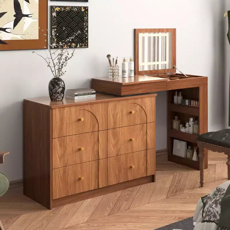 Coiffeuse convertible Whisen avec miroir rabattable, 6 tiroirs, 9 compartiments et disposition en L ou droite