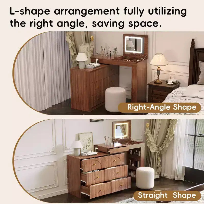 Coiffeuse convertible Whisen avec miroir rabattable, 6 tiroirs, 9 compartiments et disposition en L ou droite