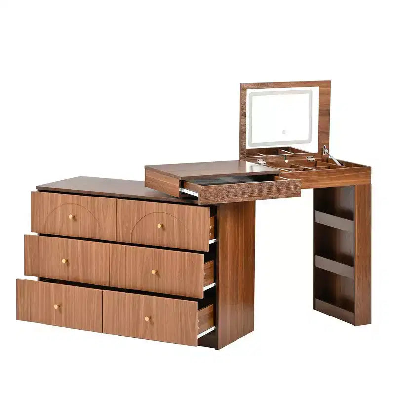 Coiffeuse convertible Whisen avec miroir rabattable, 6 tiroirs, 9 compartiments et disposition en L ou droite
