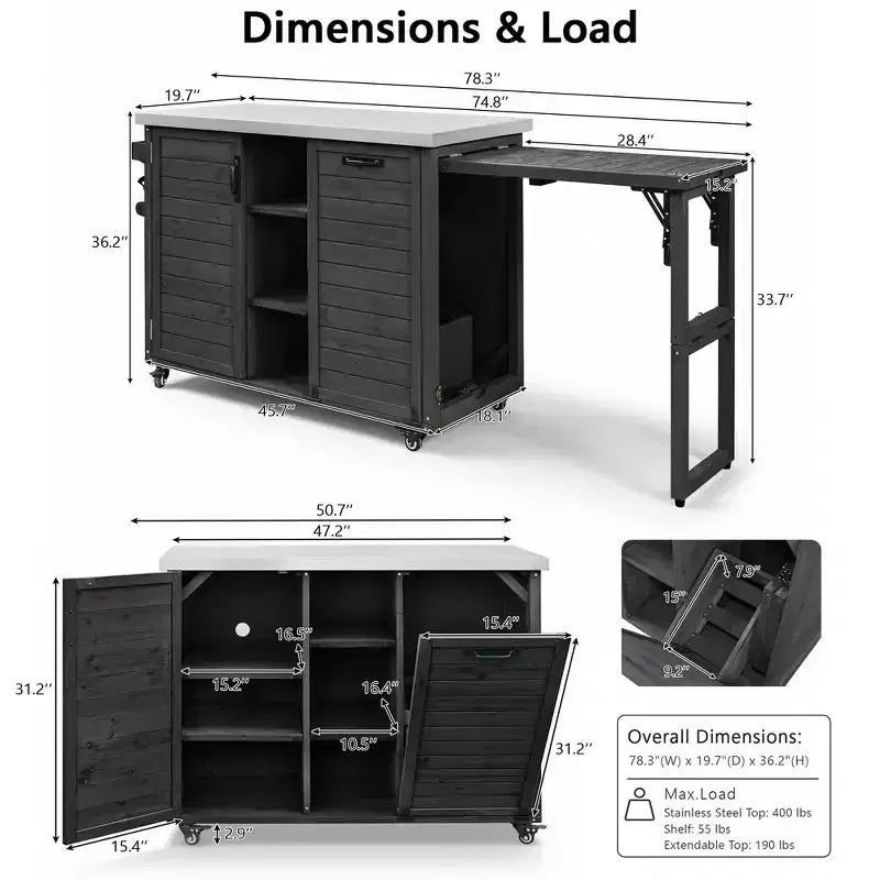 Îlot de cuisine extérieure Whisen 78.3, chariot de barbecue en bois, chariot de bar extérieur, table de barbecue pliable avec plateau en acier inoxydable