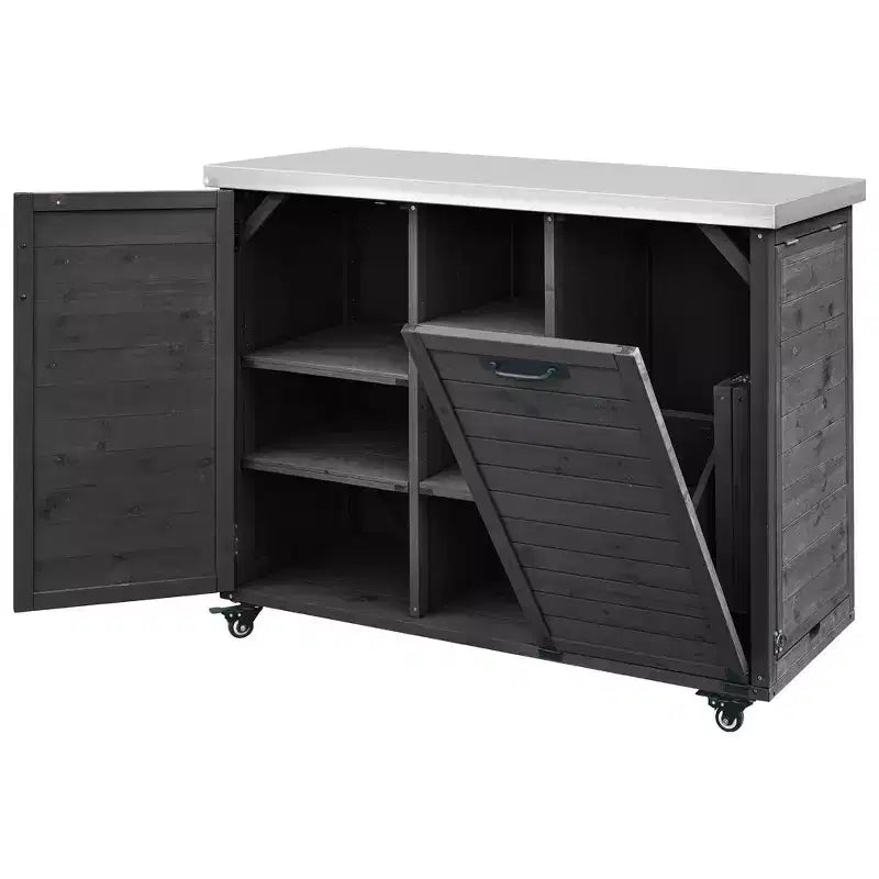 Îlot de cuisine extérieure Whisen 78.3, chariot de barbecue en bois, chariot de bar extérieur, table de barbecue pliable avec plateau en acier inoxydable