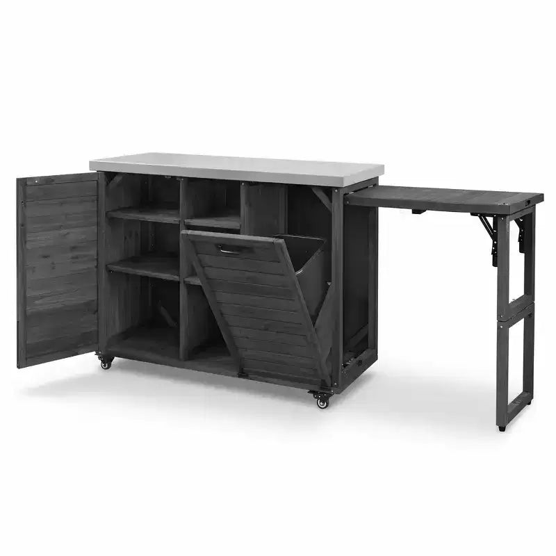 Îlot de cuisine extérieure Whisen 78.3, chariot de barbecue en bois, chariot de bar extérieur, table de barbecue pliable avec plateau en acier inoxydable