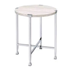 Royal Hampton End Table with X Shaped Metal Base and Round Wooden Top,Silver and Beige