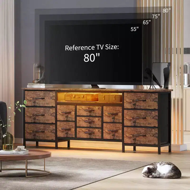 Meuble TV commode de 70 pouces pour téléviseurs de 65, 75, 80 pouces, grande commode de 13 tiroirs en tissu avec prises de courant et lumières LED pour chambre à coucher