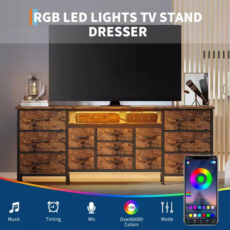 Meuble TV commode de 70 pouces pour téléviseurs de 65, 75, 80 pouces, grande commode de 13 tiroirs en tissu avec prises de courant et lumières LED pour chambre à coucher