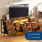 Meuble TV commode de 70 pouces pour téléviseurs de 65, 75, 80 pouces, grande commode de 13 tiroirs en tissu avec prises de courant et lumières LED pour chambre à coucher