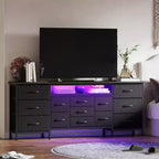 Meuble TV commode de 70 pouces pour téléviseurs de 65, 75, 80 pouces, grande commode de 13 tiroirs en tissu avec prises de courant et lumières LED pour chambre à coucher