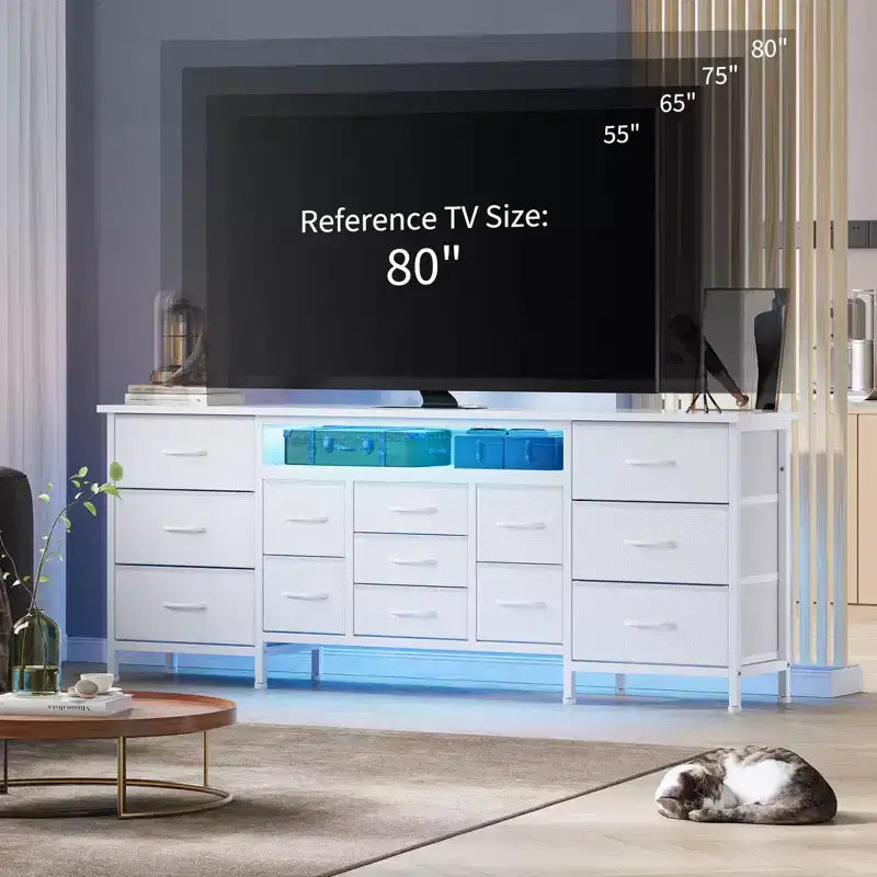 Meuble TV commode de 70 pouces pour téléviseurs de 65, 75, 80 pouces, grande commode de 13 tiroirs en tissu avec prises de courant et lumières LED pour chambre à coucher