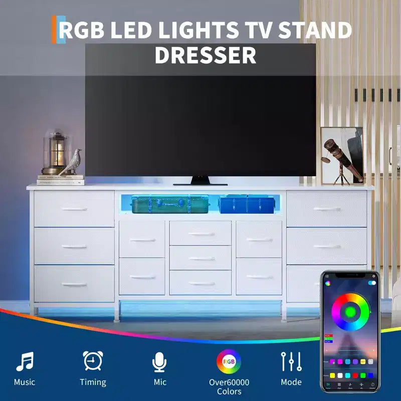 Meuble TV commode de 70 pouces pour téléviseurs de 65, 75, 80 pouces, grande commode de 13 tiroirs en tissu avec prises de courant et lumières LED pour chambre à coucher