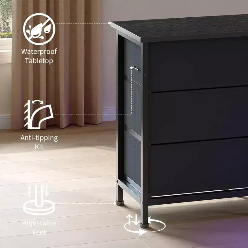 Meuble TV commode de 70 pouces pour téléviseurs de 65, 75, 80 pouces, grande commode de 13 tiroirs en tissu avec prises de courant et lumières LED pour chambre à coucher