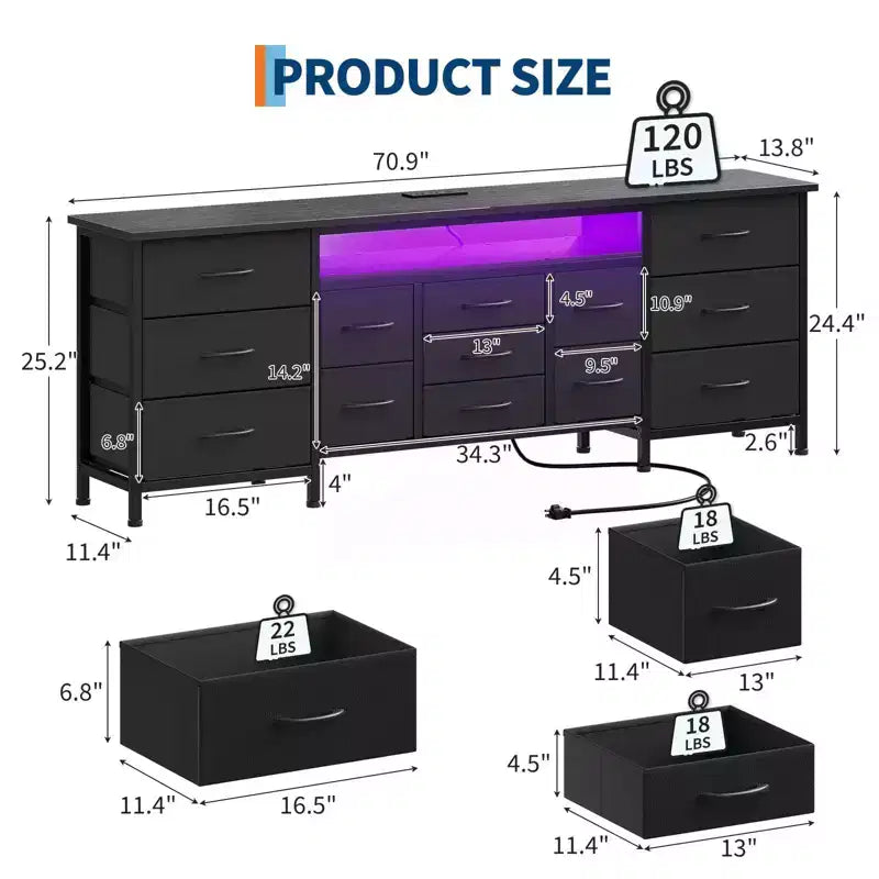 Meuble TV commode de 70 pouces pour téléviseurs de 65, 75, 80 pouces, grande commode de 13 tiroirs en tissu avec prises de courant et lumières LED pour chambre à coucher