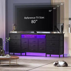 Meuble TV commode de 70 pouces pour téléviseurs de 65, 75, 80 pouces, grande commode de 13 tiroirs en tissu avec prises de courant et lumières LED pour chambre à coucher